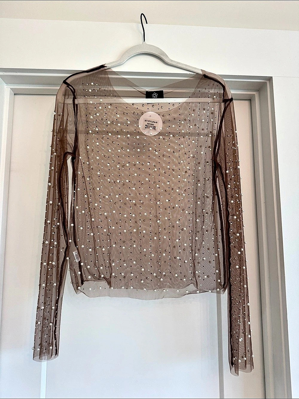 Sweetkama SKT1976 Embellished Mesh Long Sleeve Top Brown Medium